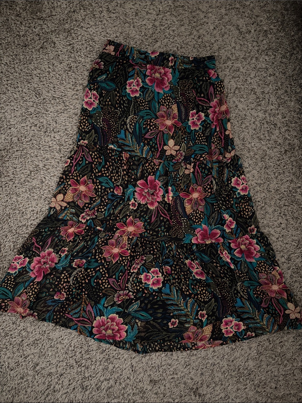 Black Floral Maxi Skirt with Pink & Teal Blooms